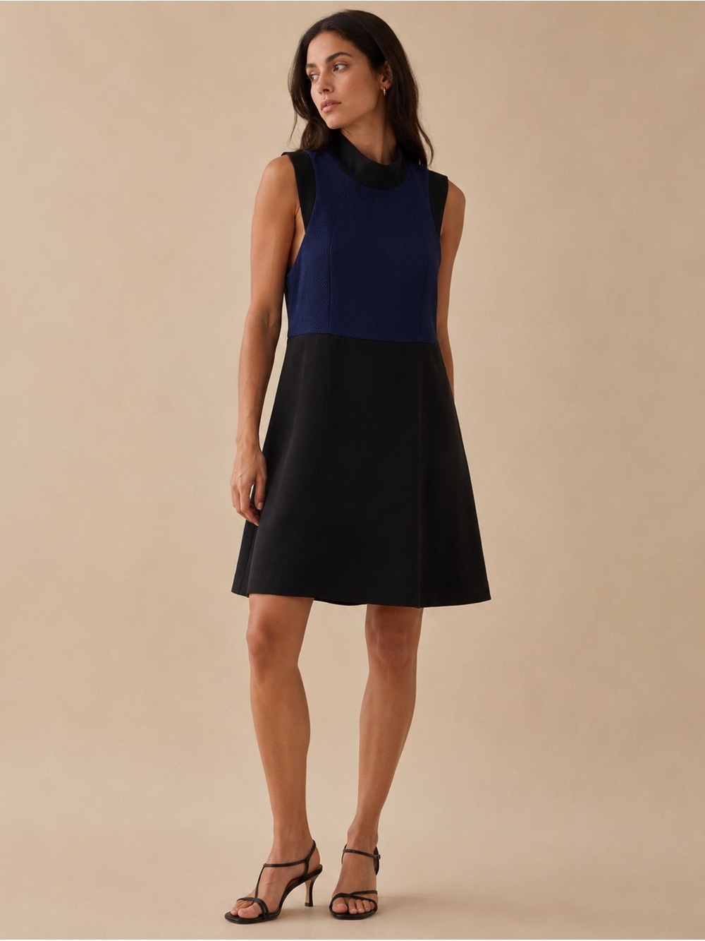 BCBGeneration Colorblock Fit & Flare Dress Blue Black Mock Neck Dress Size S NWT